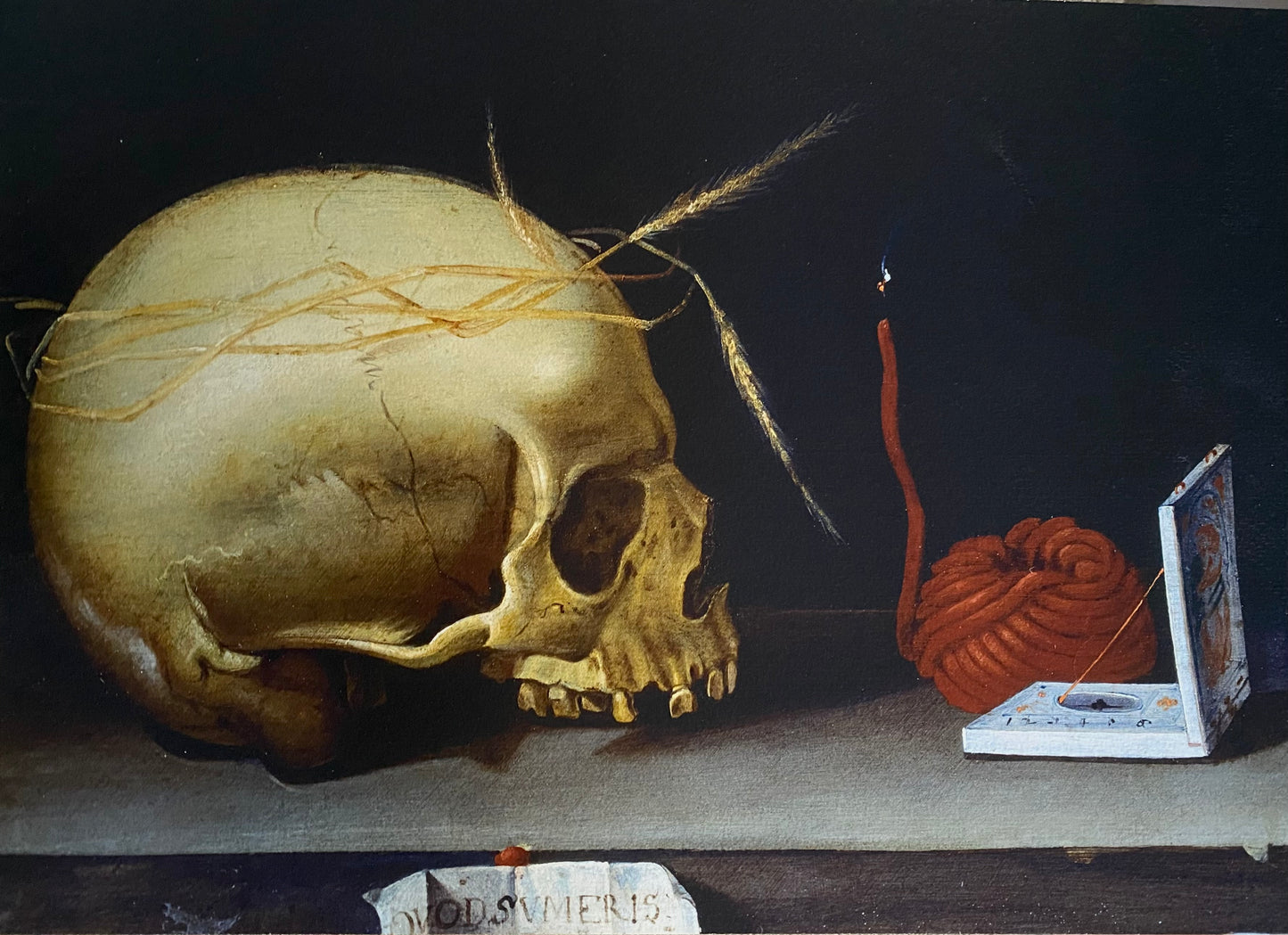 “Vanitas Still Life with Skull, Wax Taper and Portable Sundial” German Master , 1620