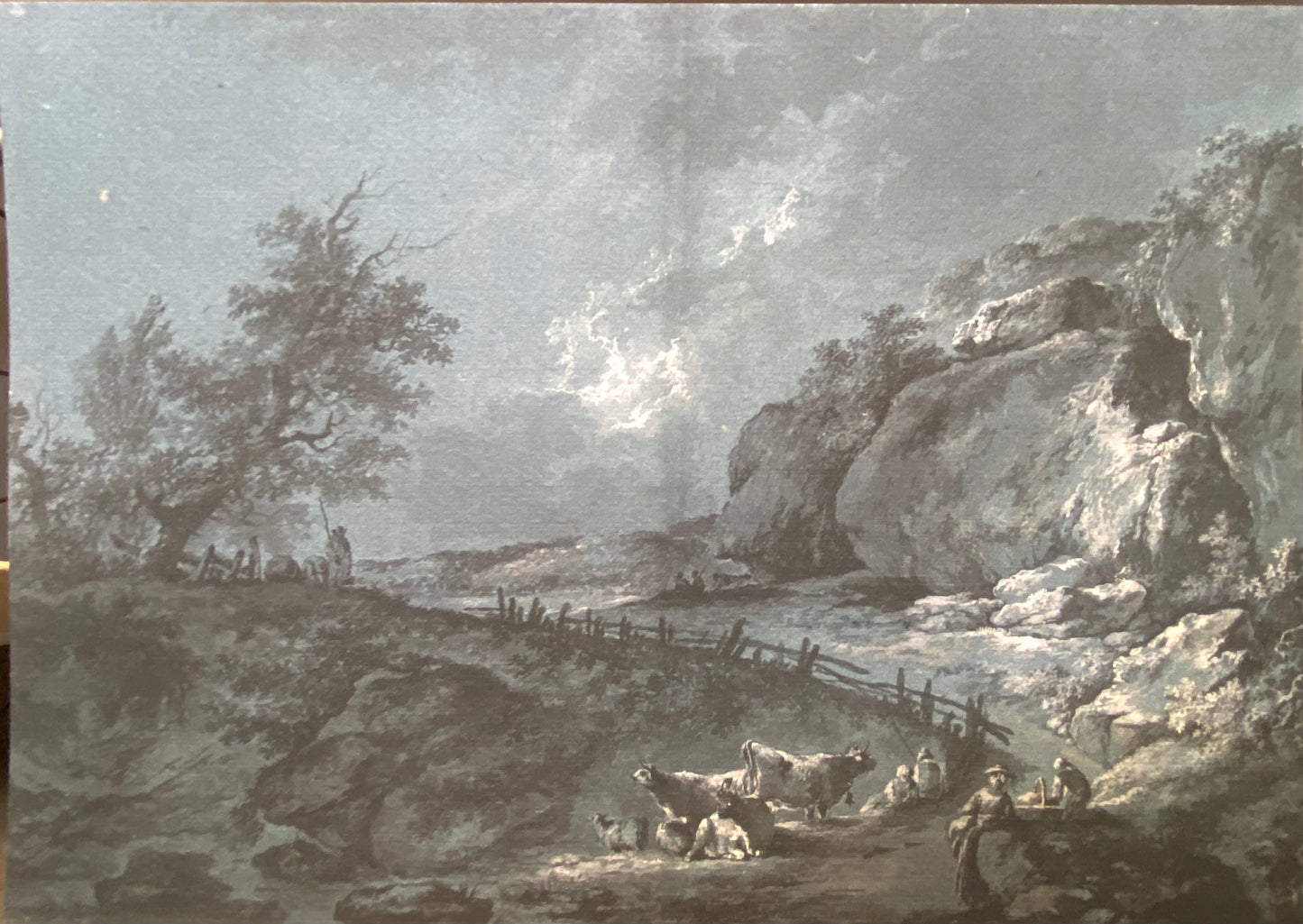 "Mountain path at the foot of rocks, bordered at the bend by a picket fence, in the foreground shepherds, cattle and sheep " , Heinrich Wüest 1741-1821
