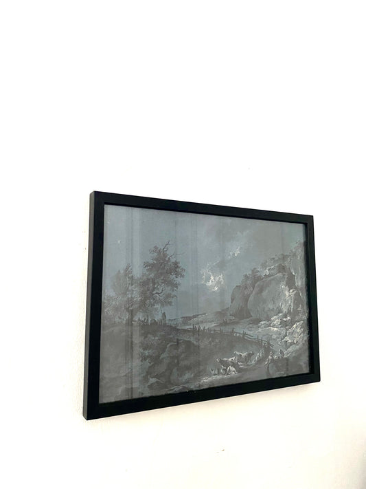 "Mountain path at the foot of rocks, bordered at the bend by a picket fence, in the foreground shepherds, cattle and sheep " , Heinrich Wüest 1741-1821